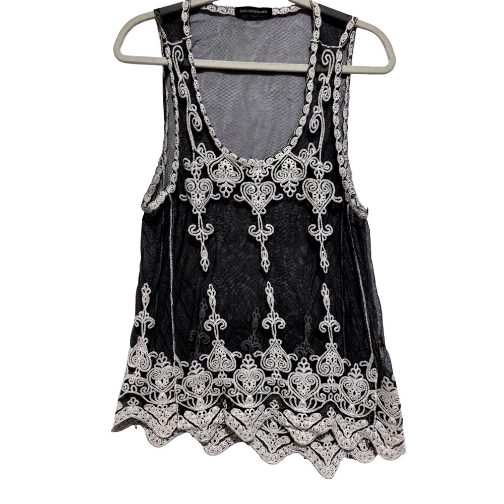 Black Mesh Net Tank Top Cream Crochet Lace Embroidered Boho Goth dark Fairy sz L
